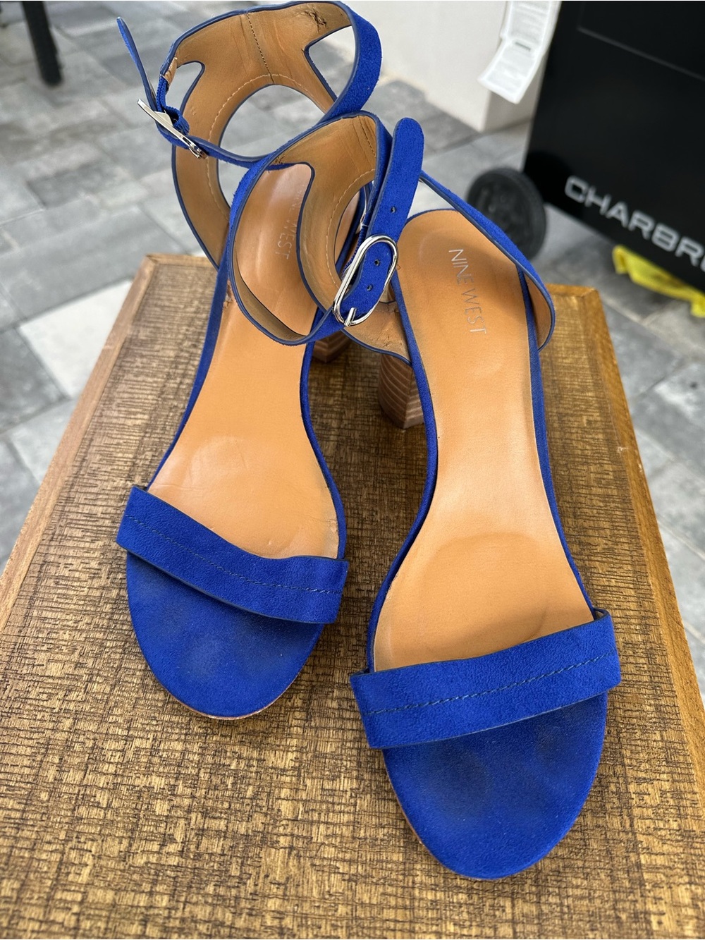 Nine West Cobalt Blue Suede Ankle-Strap Block Heel Sandals
